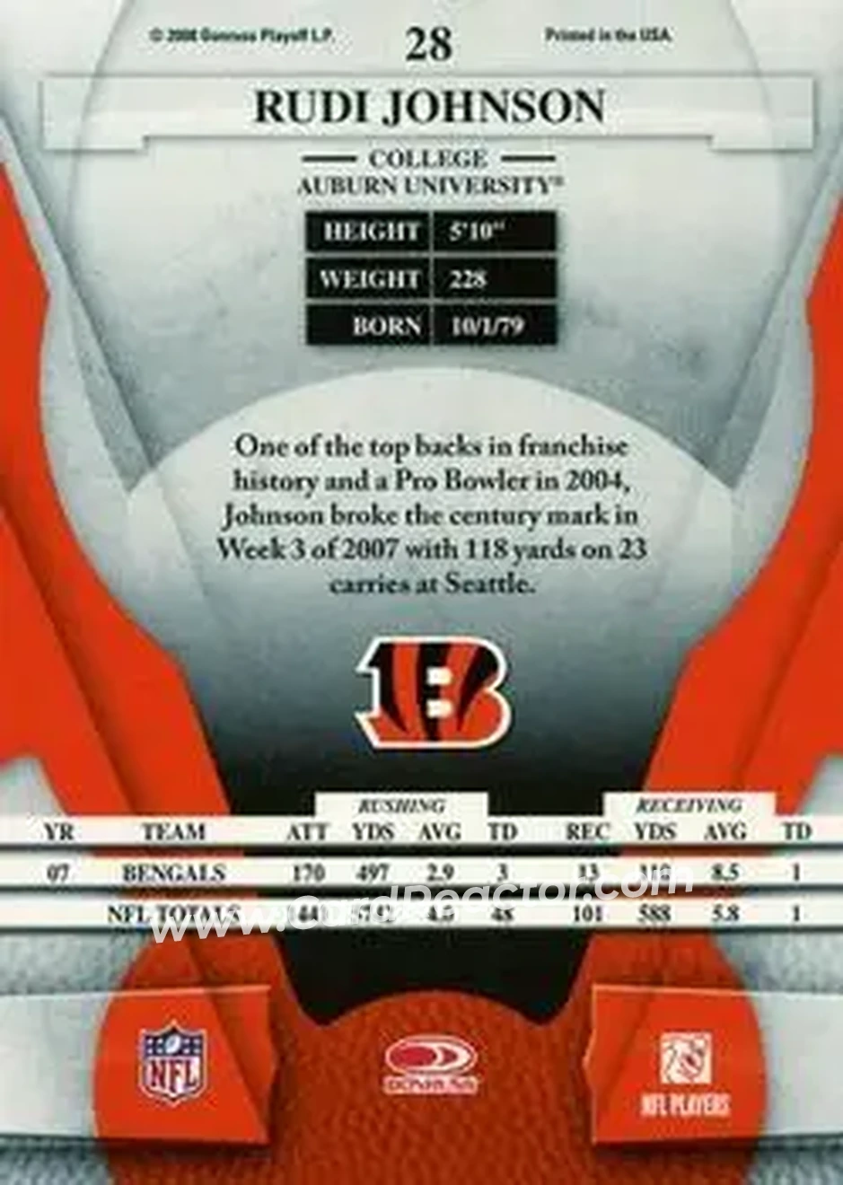 2008 Leaf Certified Materials #28 - Rudi Johnson - Cincinnati Bengals - Back