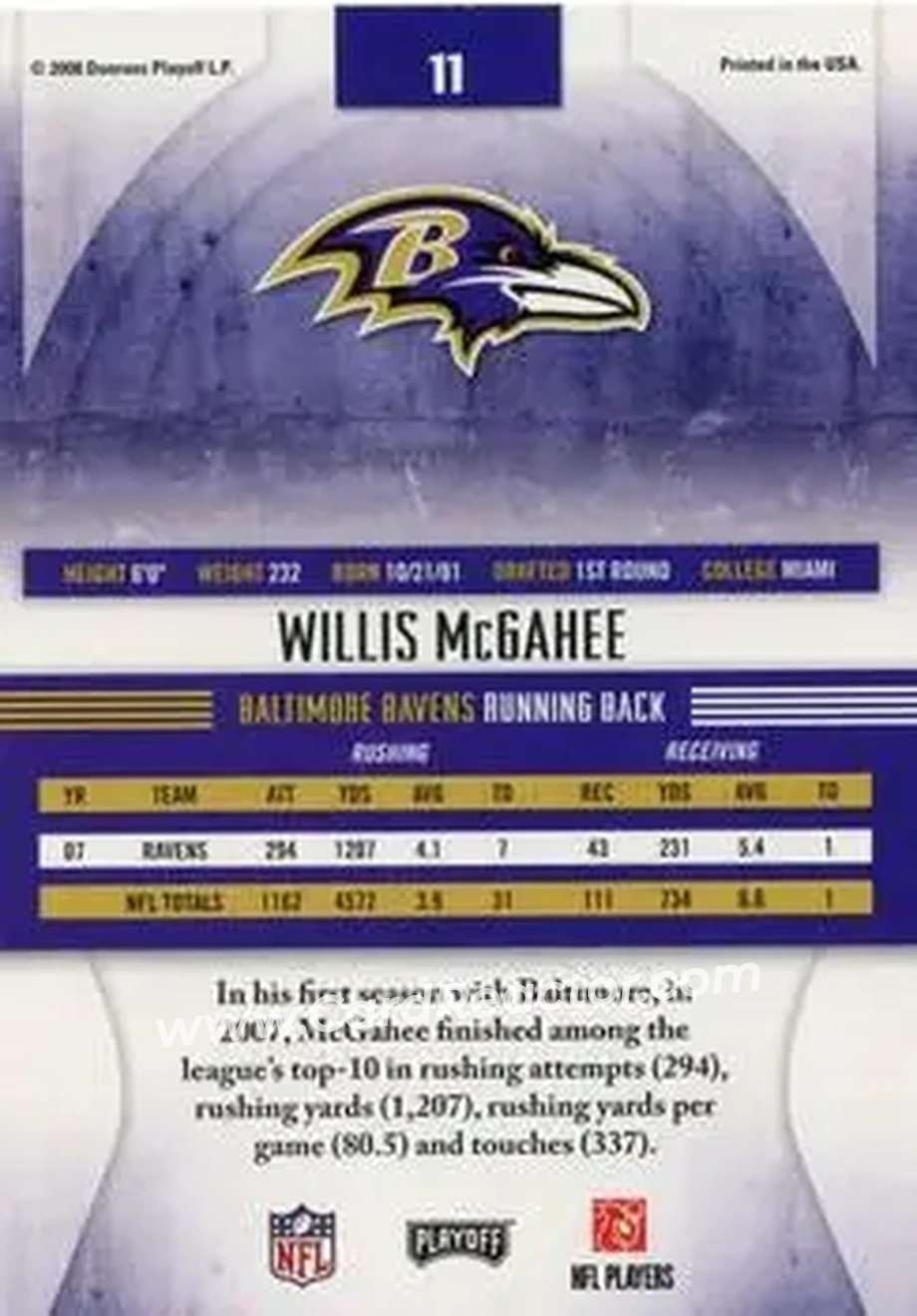 2008 Playoff Absolute Memorabilia #11 - Willis McGahee - Baltimore Ravens - Back