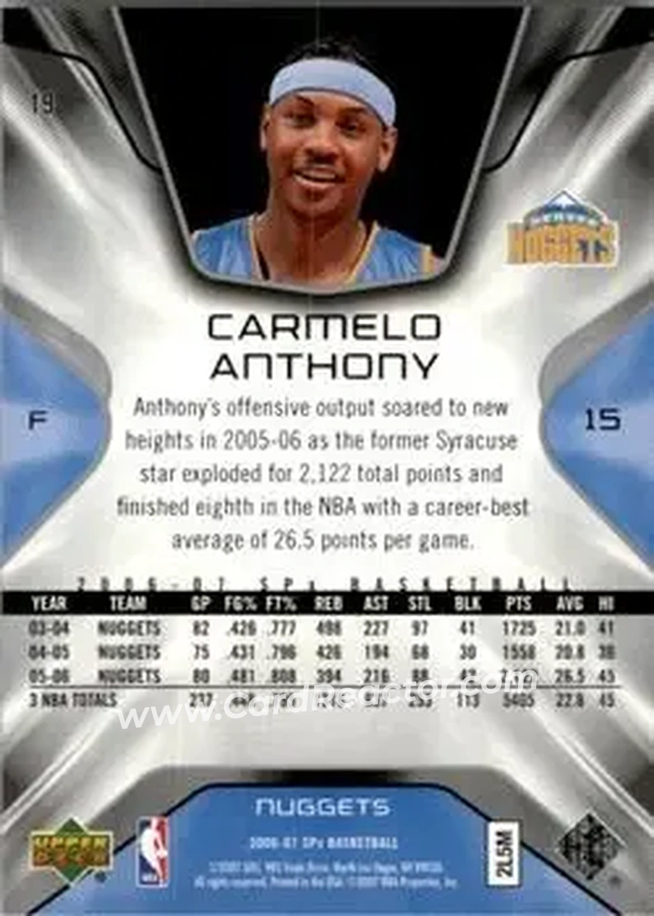 2006-07 SPx #19 - Carmelo Anthony - Denver Nuggets - Back