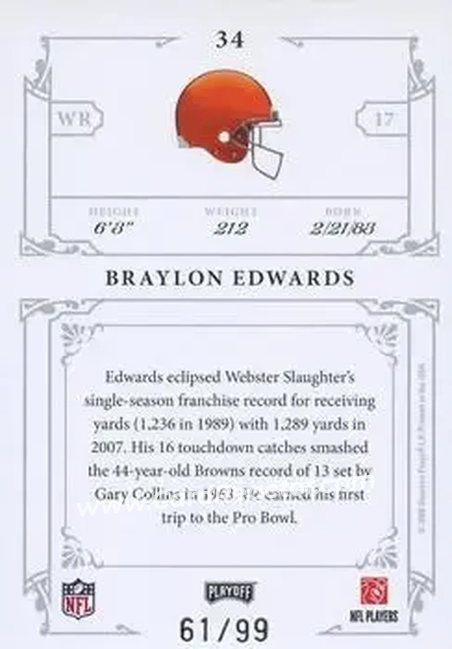 2008 Playoff National Treasures #34 - Braylon Edwards - Cleveland Browns - Back