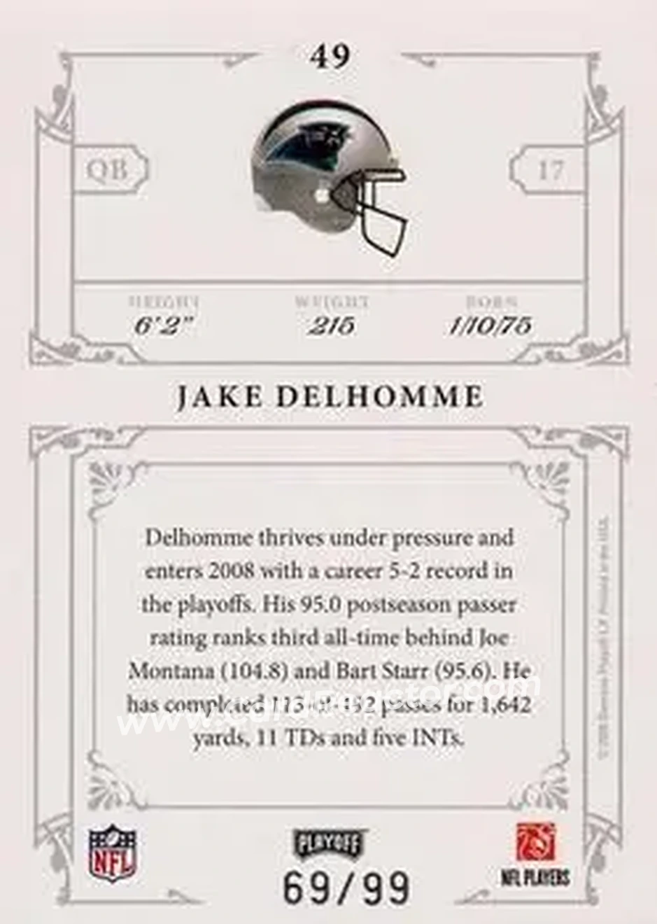 2008 Playoff National Treasures #49 - Jake Delhomme - Carolina Panthers - Back 2008 Playoff National Treasures #49 - Jake Delhomme - Carolina Panthers - Back