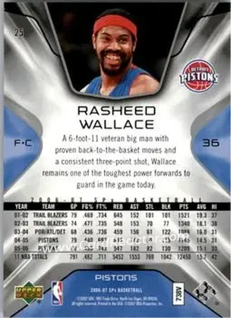 2006-07 SPx #25 - Rasheed Wallace - Detroit Pistons - Back