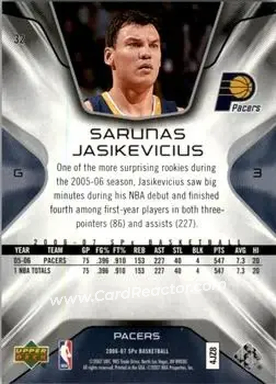 2006-07 SPx #32 - Saras Jasikevicius - Indiana Pacers - Back