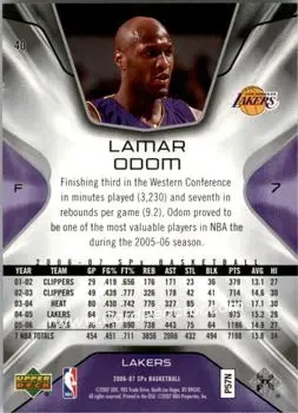 2006-07 SPx #40 - Lamar Odom - Los Angeles Lakers - Back