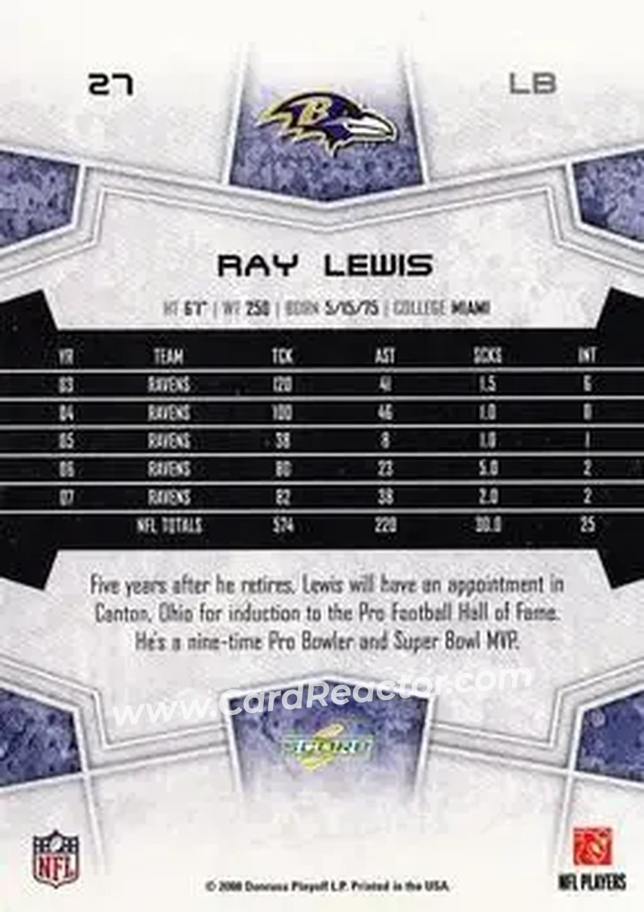 2008 Score #27 - Ray Lewis - Baltimore Ravens - Back