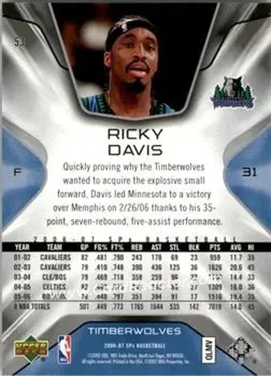 2006-07 SPx #53 - Ricky Davis - Minnesota Timberwolves - Back 2006-07 SPx #53 - Ricky Davis - Minnesota Timberwolves - Back