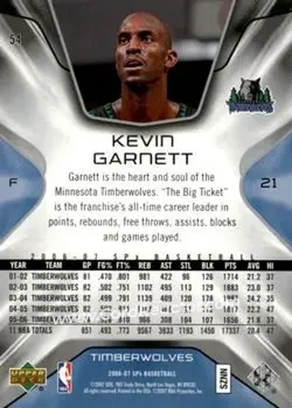 2006-07 SPx #54 - Kevin Garnett - Minnesota Timberwolves - Back 2006-07 SPx #54 - Kevin Garnett - Minnesota Timberwolves - Back
