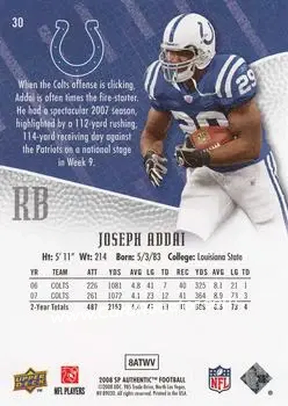 2008 SP Authentic #30 - Joseph Addai - Indianapolis Colts - Back 2008 SP Authentic #30 - Joseph Addai - Indianapolis Colts - Back