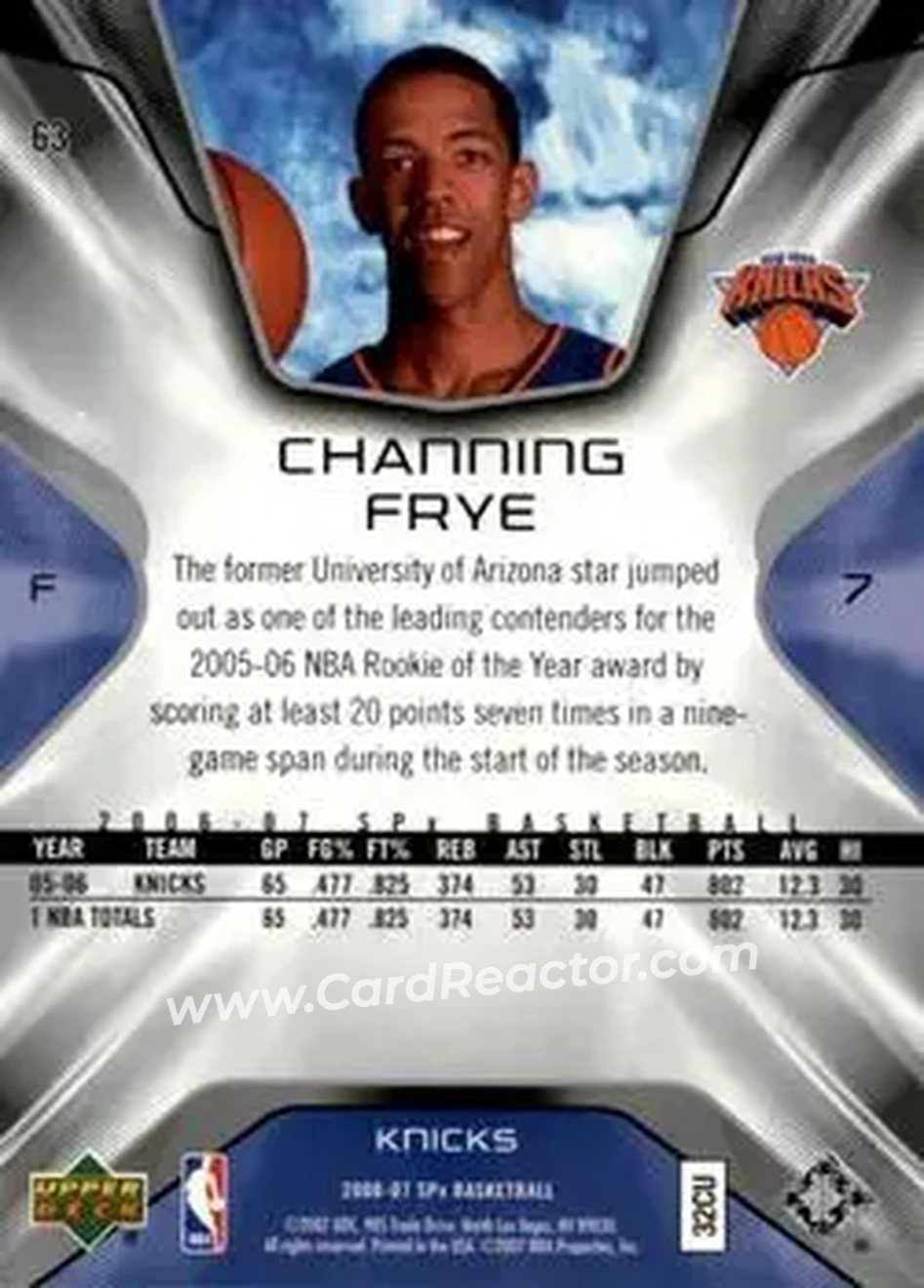 2006-07 SPx #63 - Channing Frye - New York Knicks - Back