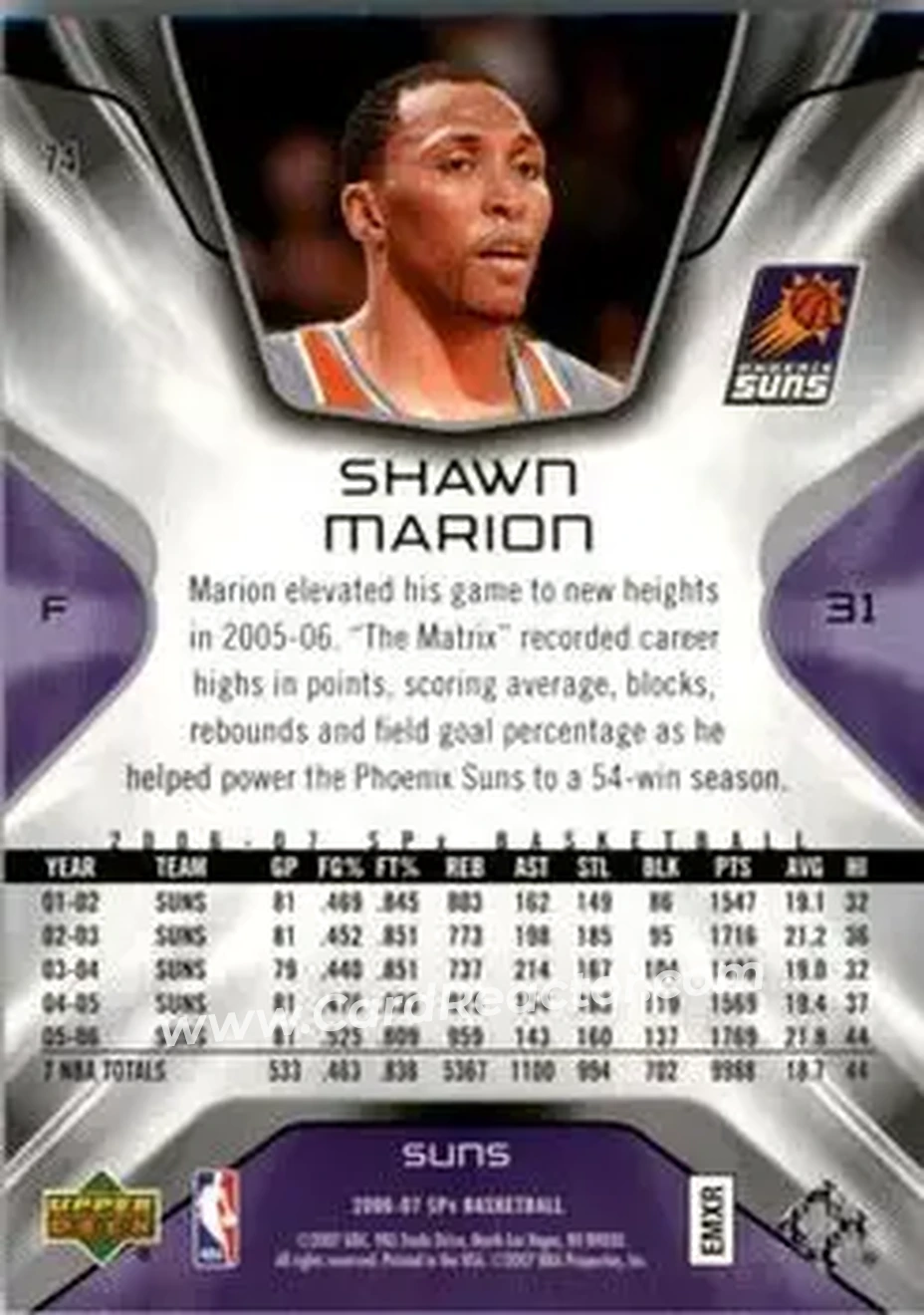 2006-07 SPx #74 - Shawn Marion - Phoenix Suns - Back