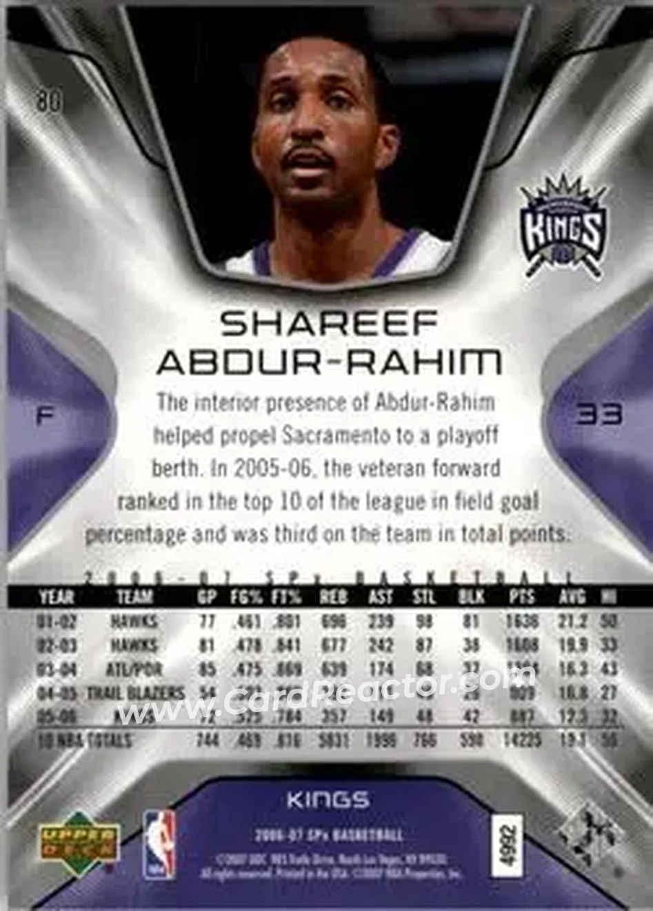 2006-07 SPx #80 - Shareef Abdur-Rahim - Sacramento Kings - Back