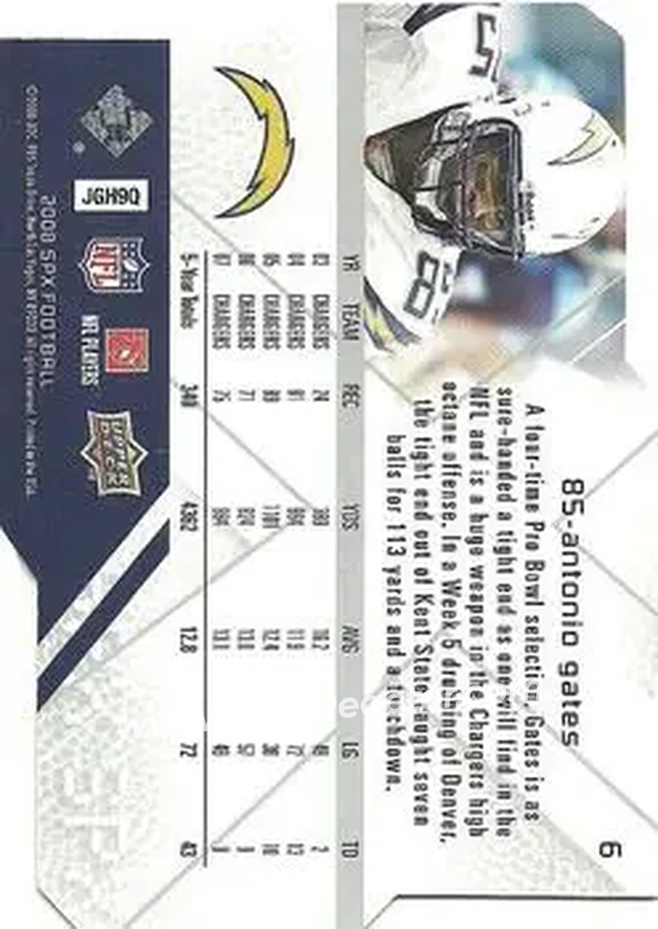 2008 SPx #6 - Antonio Gates - San Diego Chargers - Back
