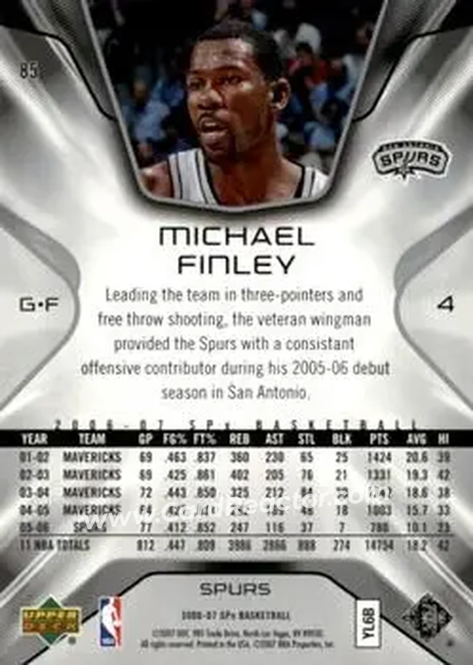 2006-07 SPx #85 - Michael Finley - San Antonio Spurs - Back