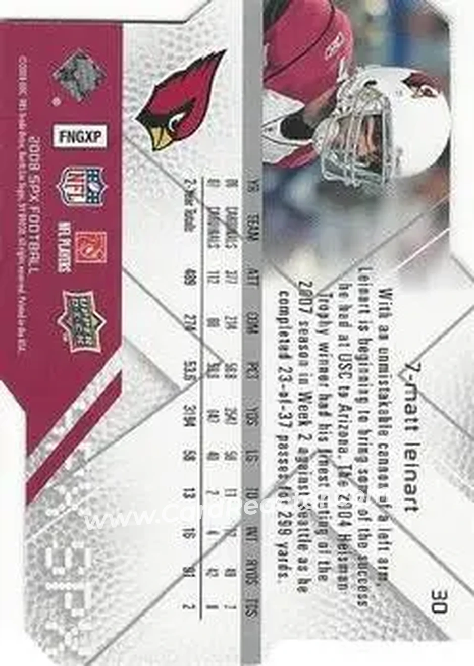 2008 SPx #30 - Matt Leinart - Arizona Cardinals - Back