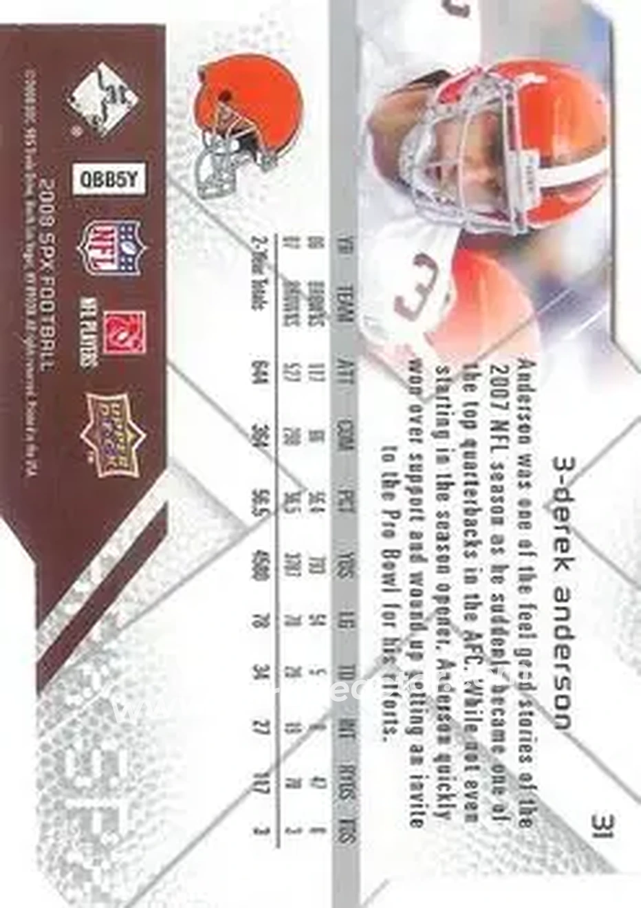 2008 SPx #31 - Derek Anderson - Cleveland Browns - Back