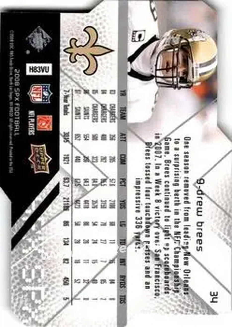2008 SPx #34 - Drew Brees - New Orleans Saints - Back 2008 SPx #34 - Drew Brees - New Orleans Saints - Back