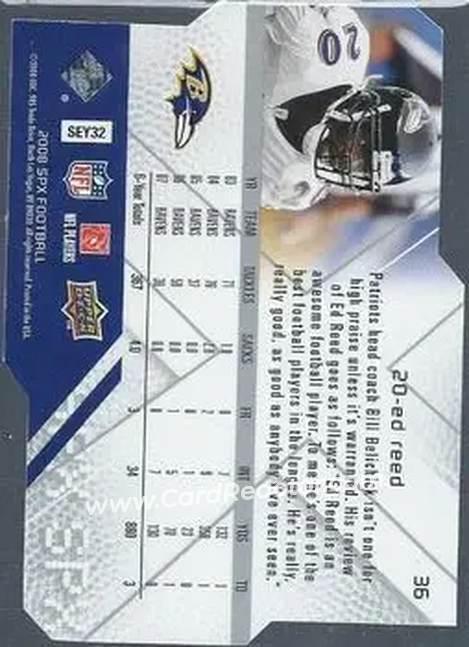 2008 SPx #36 - Ed Reed - Baltimore Ravens - Back 2008 SPx #36 - Ed Reed - Baltimore Ravens - Back