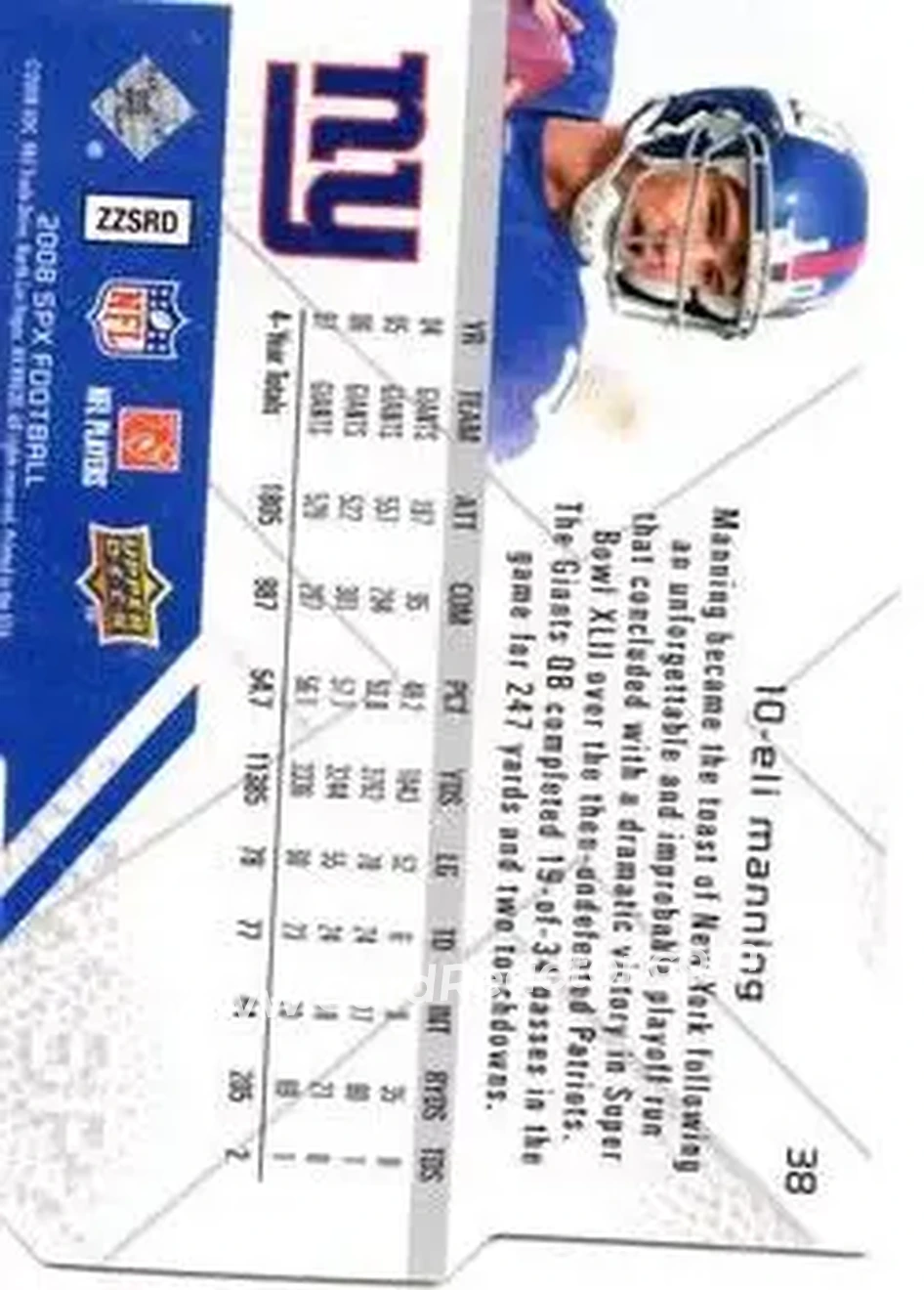 2008 SPx #38 - Eli Manning - New York Giants - Back
