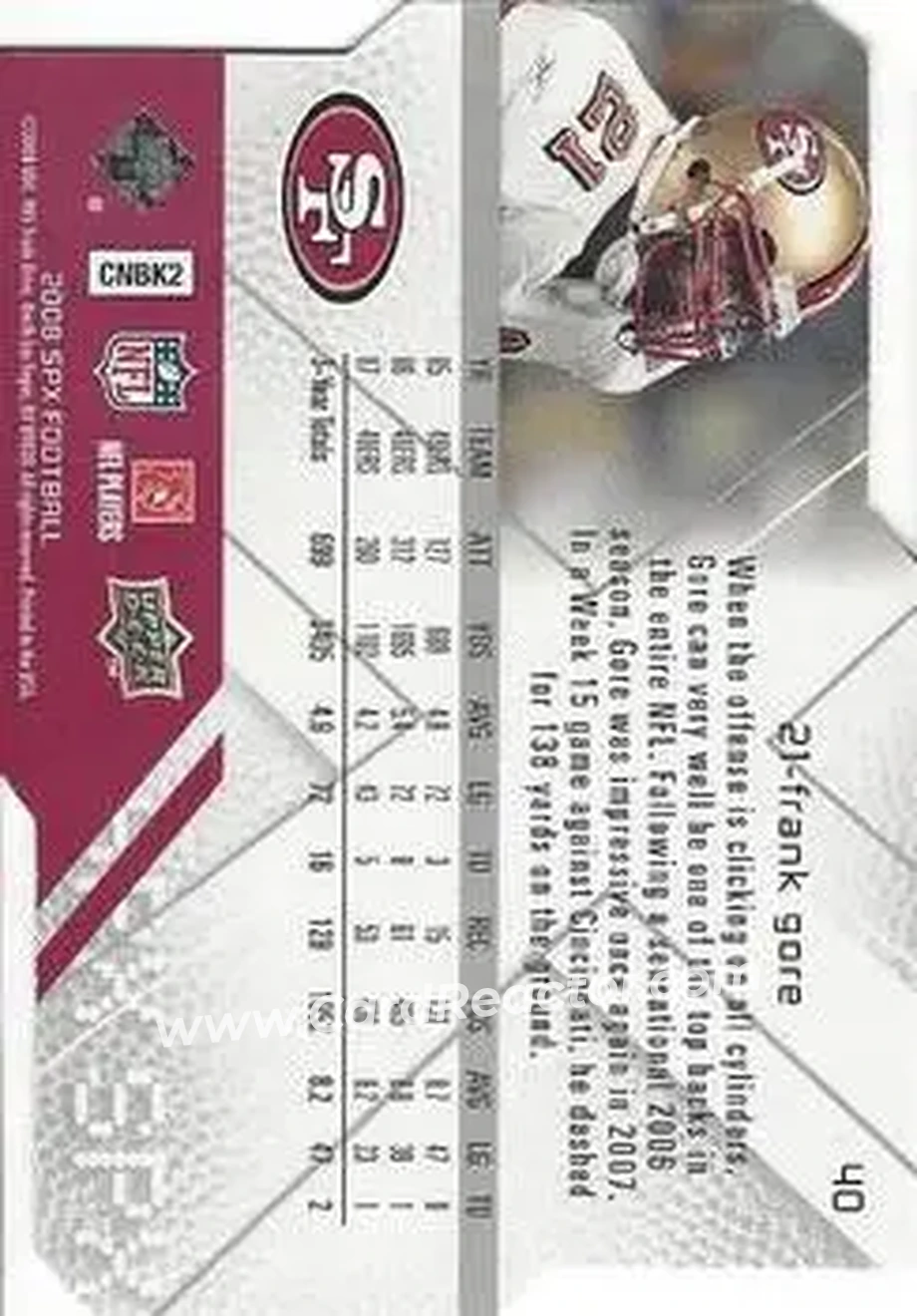 2008 SPx #40 - Frank Gore - San Francisco 49ers - Back