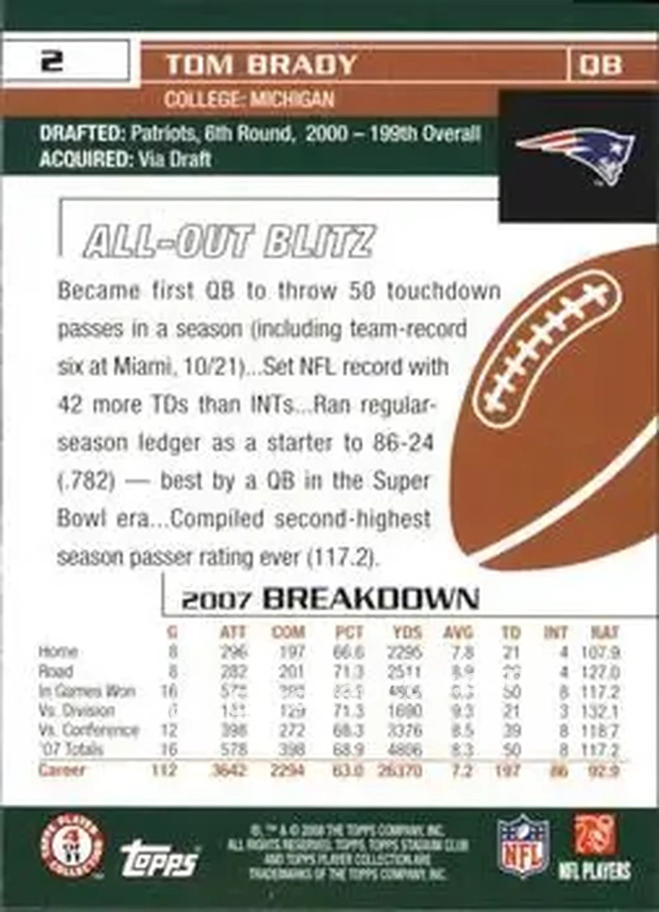 2008 Stadium Club #2 - Tom Brady - New England Patriots - Back