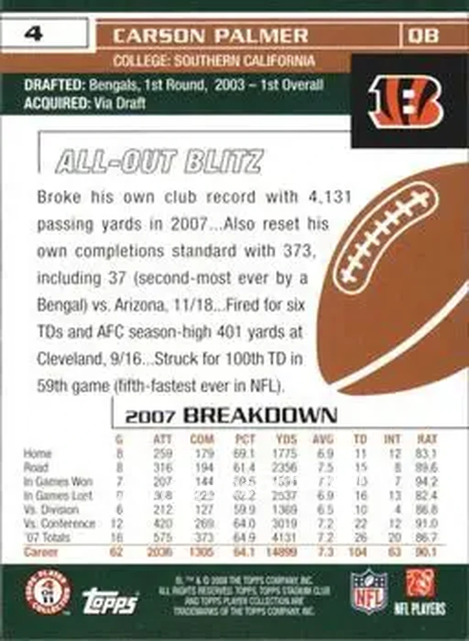 2008 Stadium Club #4 - Carson Palmer - Cincinnati Bengals - Back 2008 Stadium Club #4 - Carson Palmer - Cincinnati Bengals - Back