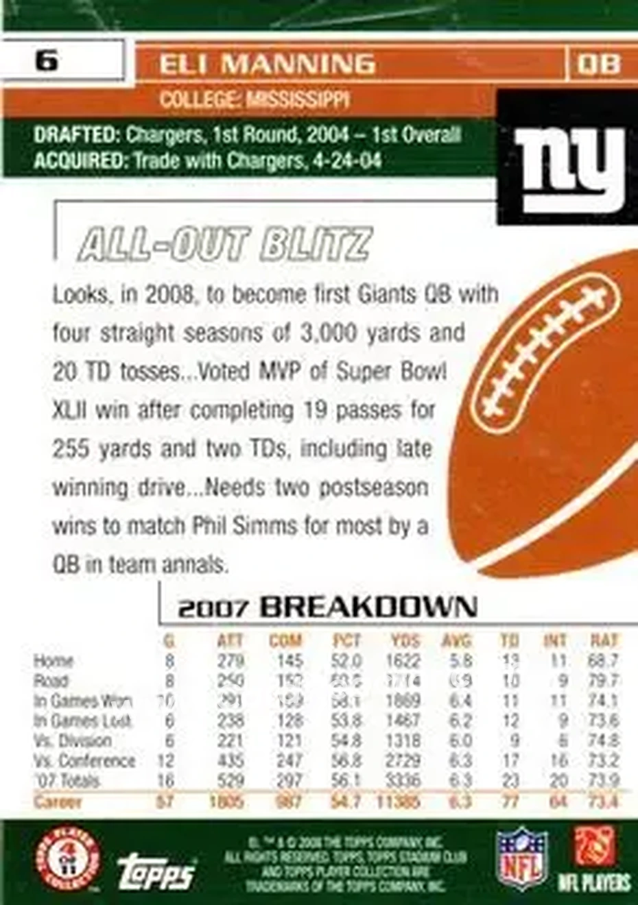 2008 Stadium Club #6 - Eli Manning - New York Giants - Back