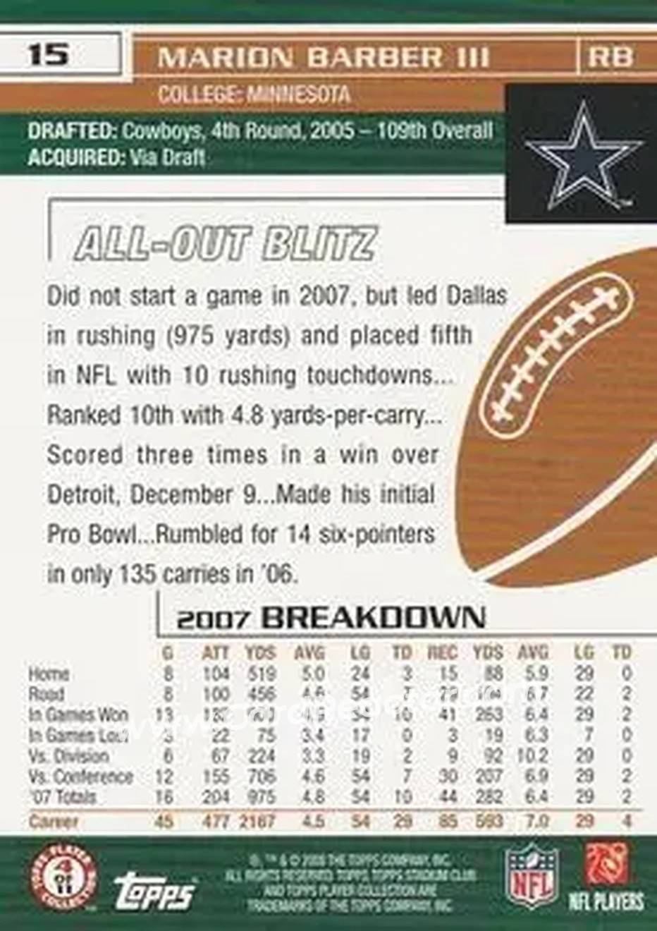 2008 Stadium Club #15 - Marion Barber - Dallas Cowboys - Back 2008 Stadium Club #15 - Marion Barber - Dallas Cowboys - Back