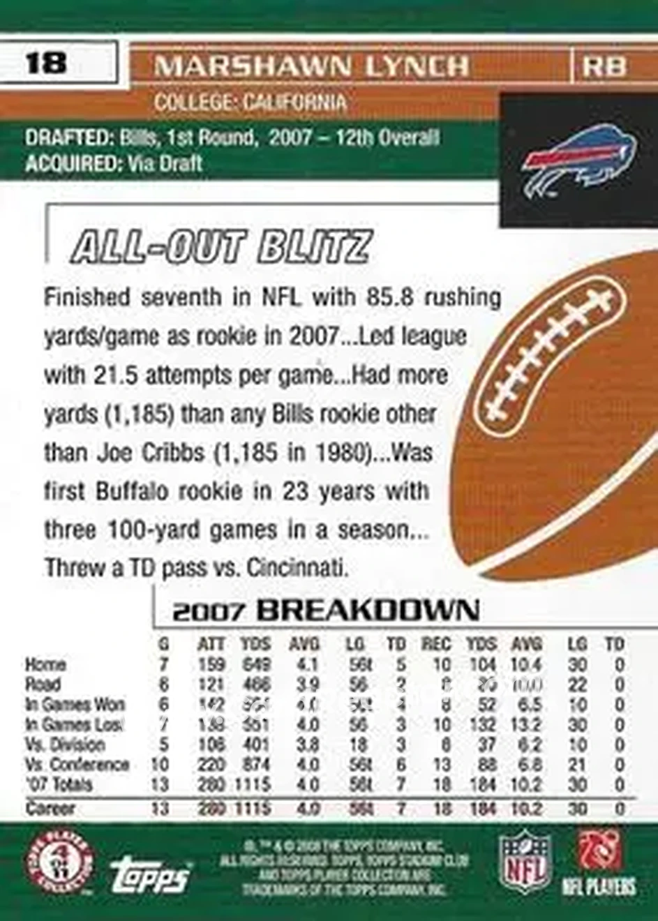 2008 Stadium Club #18 - Marshawn Lynch - Buffalo Bills - Back