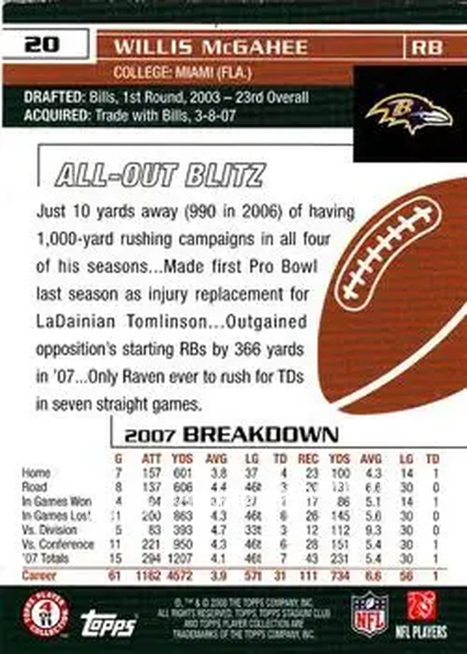 2008 Stadium Club #20 - Willis McGahee - Baltimore Ravens - Back