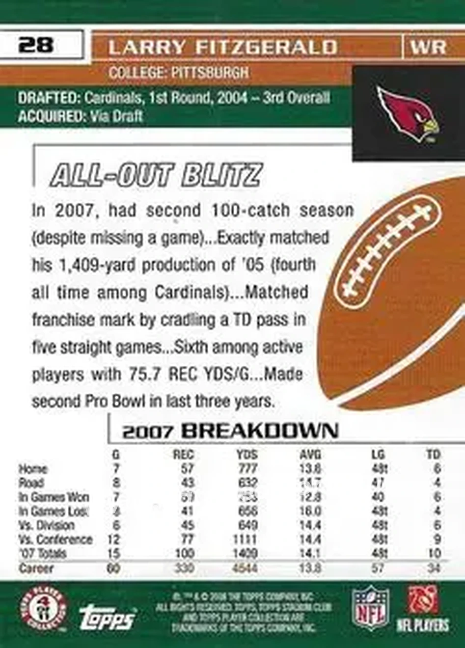 2008 Stadium Club #28 - Larry Fitzgerald - Arizona Cardinals - Back 2008 Stadium Club #28 - Larry Fitzgerald - Arizona Cardinals - Back