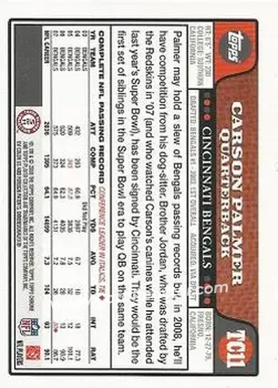 2008 Topps Chrome #TC11 - Carson Palmer - Cincinnati Bengals - Back