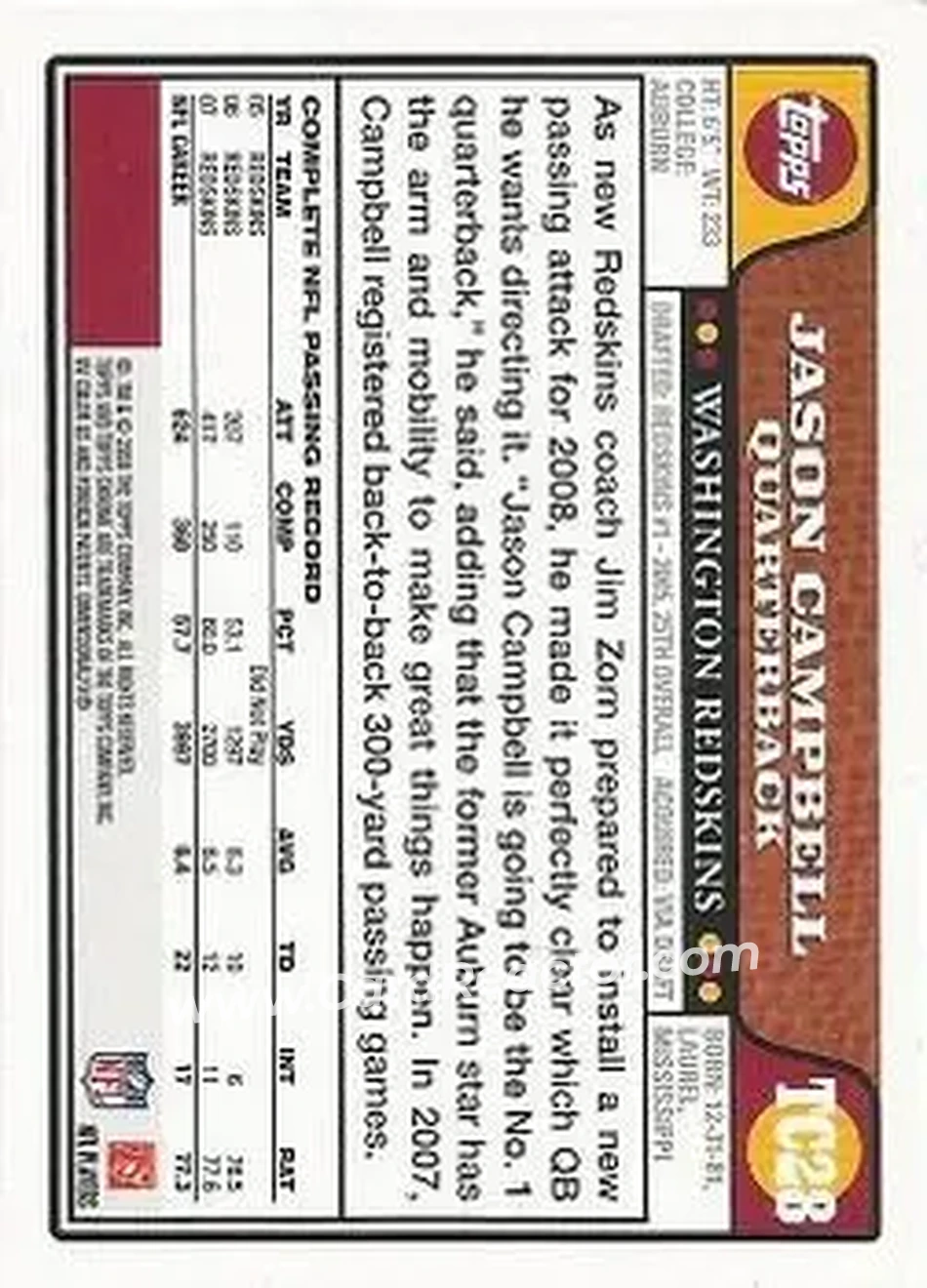2008 Topps Chrome #TC28 - Jason Campbell - Washington Redskins - Back