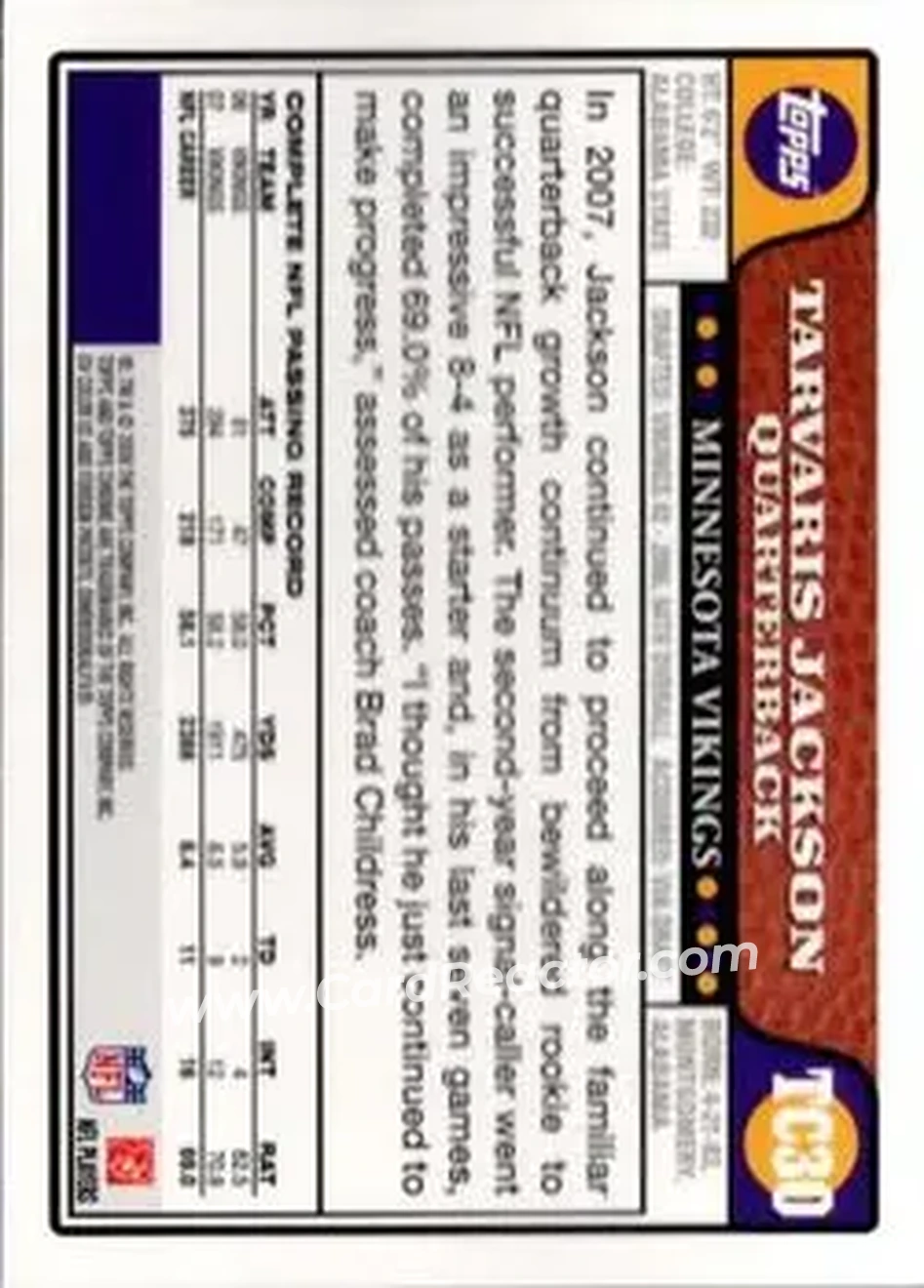 2008 Topps Chrome #TC30 - Tarvaris Jackson - Minnesota Vikings - Back 2008 Topps Chrome #TC30 - Tarvaris Jackson - Minnesota Vikings - Back