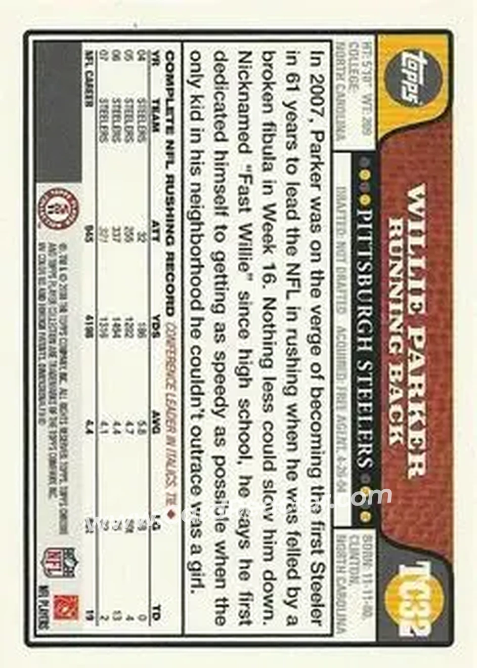2008 Topps Chrome #TC32 - Willie Parker - Pittsburgh Steelers - Back