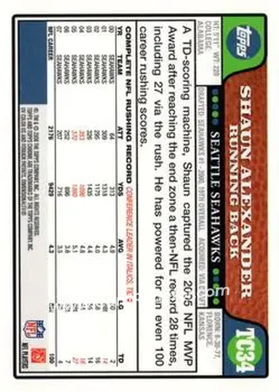 2008 Topps Chrome #TC34 - Shaun Alexander - Seattle Seahawks - Back