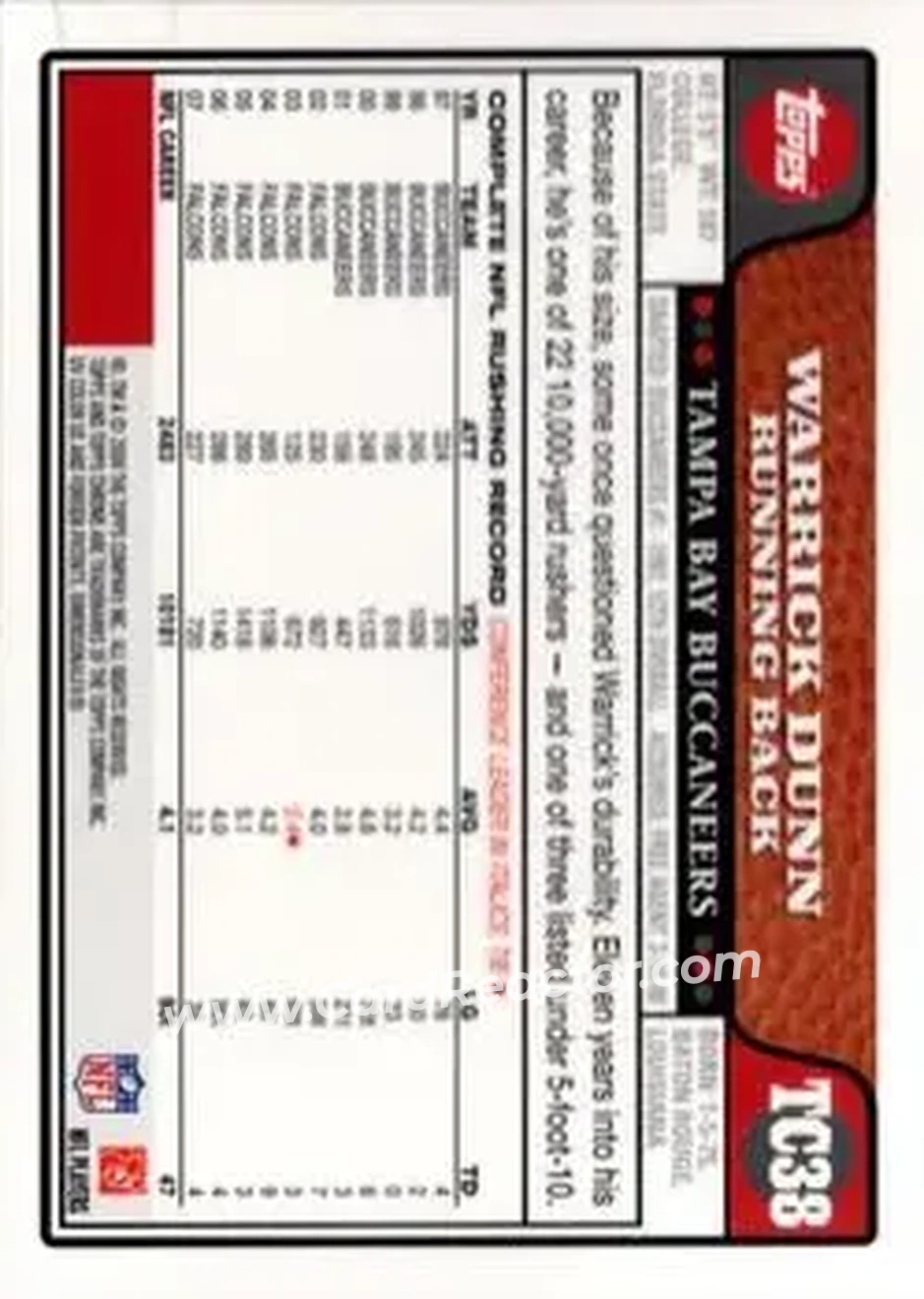 2008 Topps Chrome #TC38 - Warrick Dunn - Tampa Bay Buccaneers - Back
