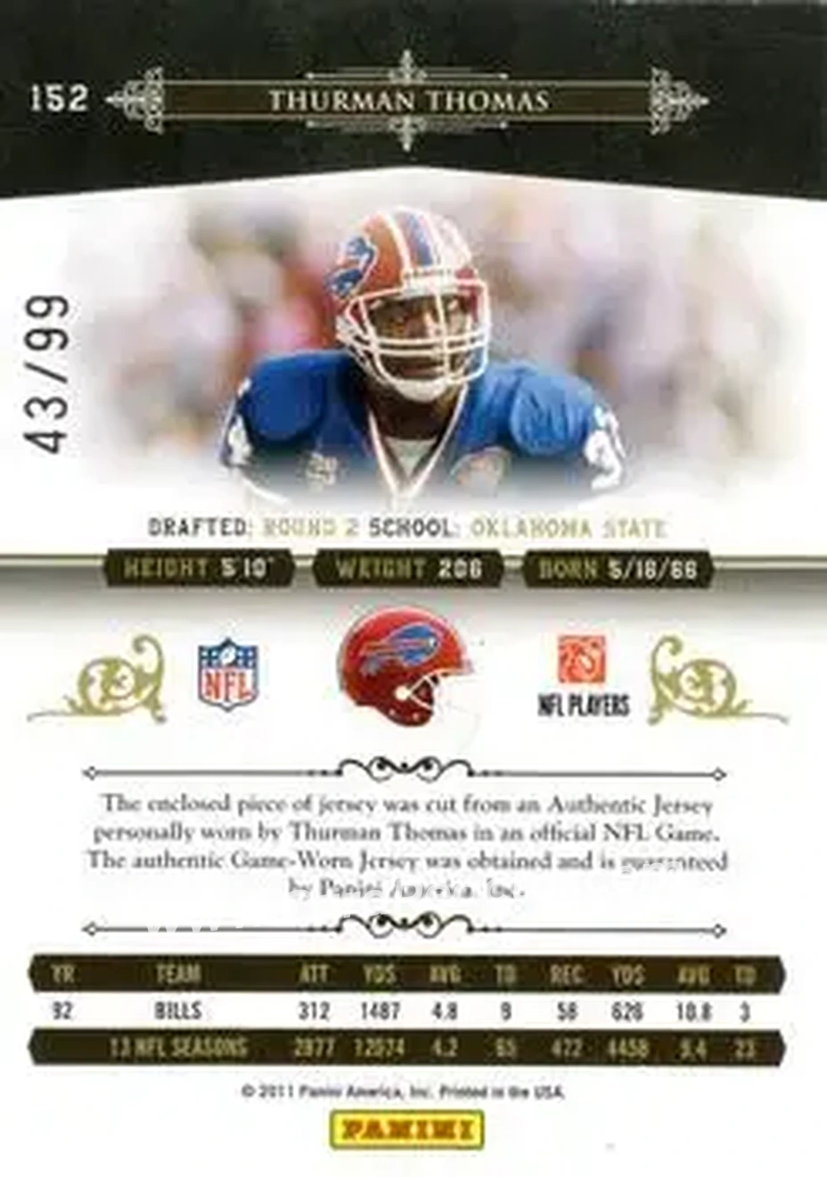 2010 Playoff National Treasures - Century Material #152 - Thurman Thomas - Buffalo Bills - Back