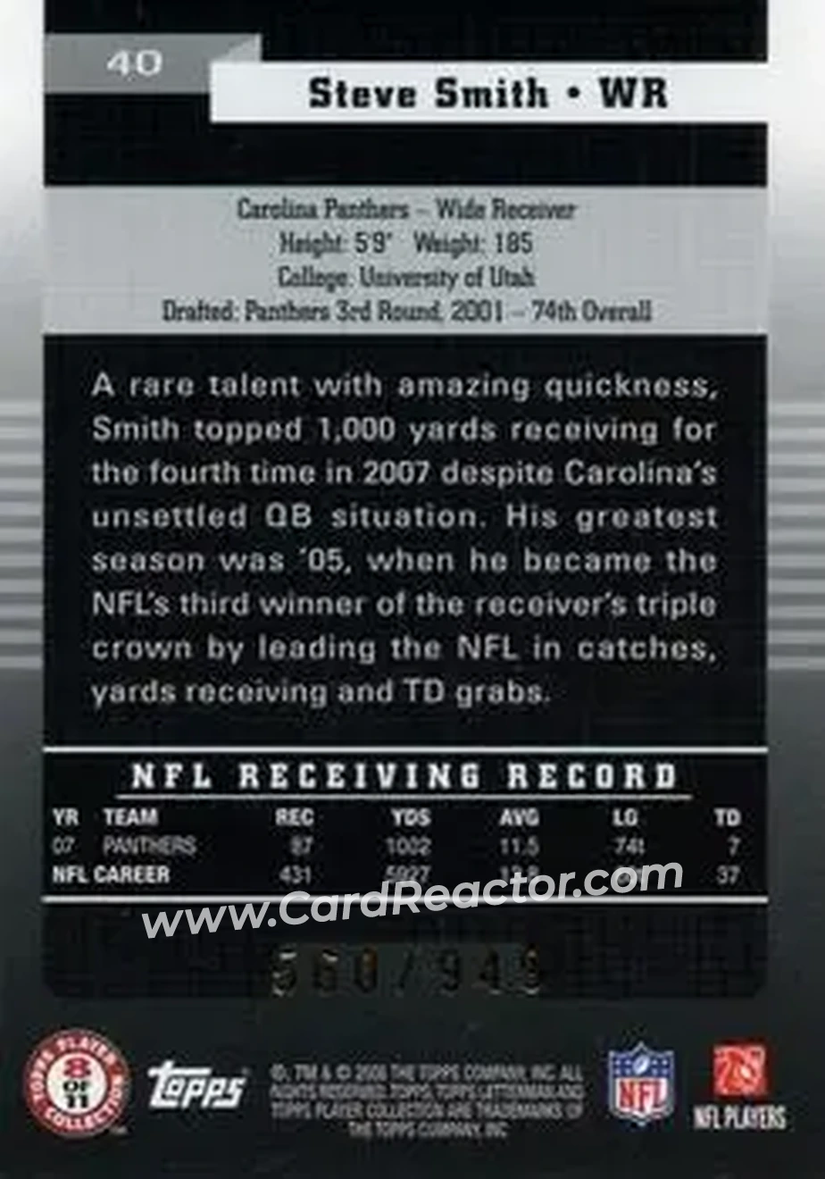 2008 Topps Letterman #40 - Steve Smith Sr. - Carolina Panthers - Back