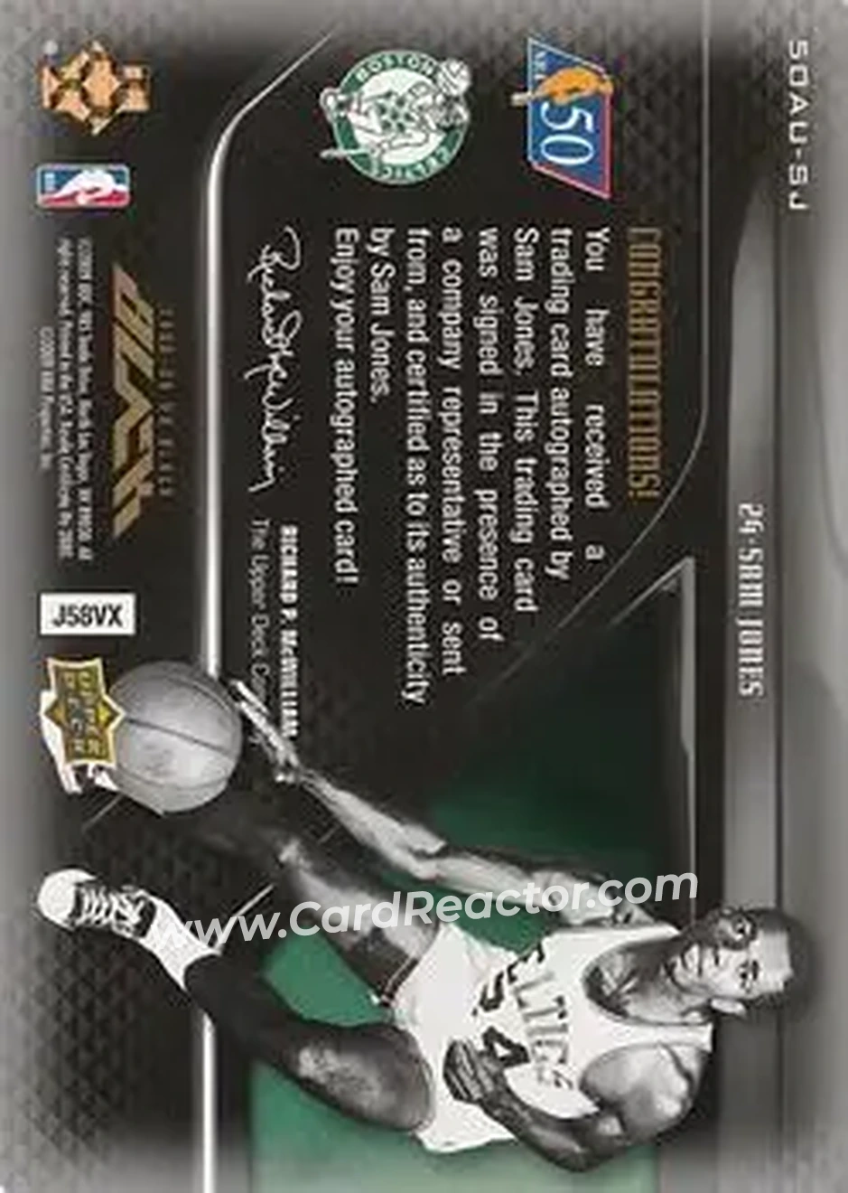 2008-09 UD Black - 50 Greatest Autographs Gold #50AU-SJ - Sam Jones - Boston Celtics - Back 2008-09 UD Black - 50 Greatest Autographs Gold #50AU-SJ - Sam Jones - Boston Celtics - Back