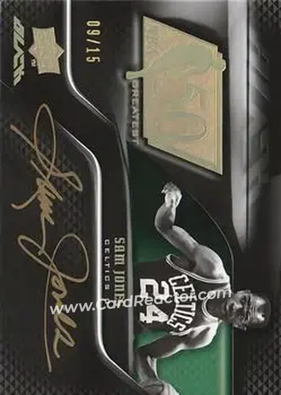 2008-09 UD Black - 50 Greatest Autographs Gold #50AU-SJ - Sam Jones - Boston Celtics - Front 2008-09 UD Black - 50 Greatest Autographs Gold #50AU-SJ - Sam Jones - Boston Celtics - Front