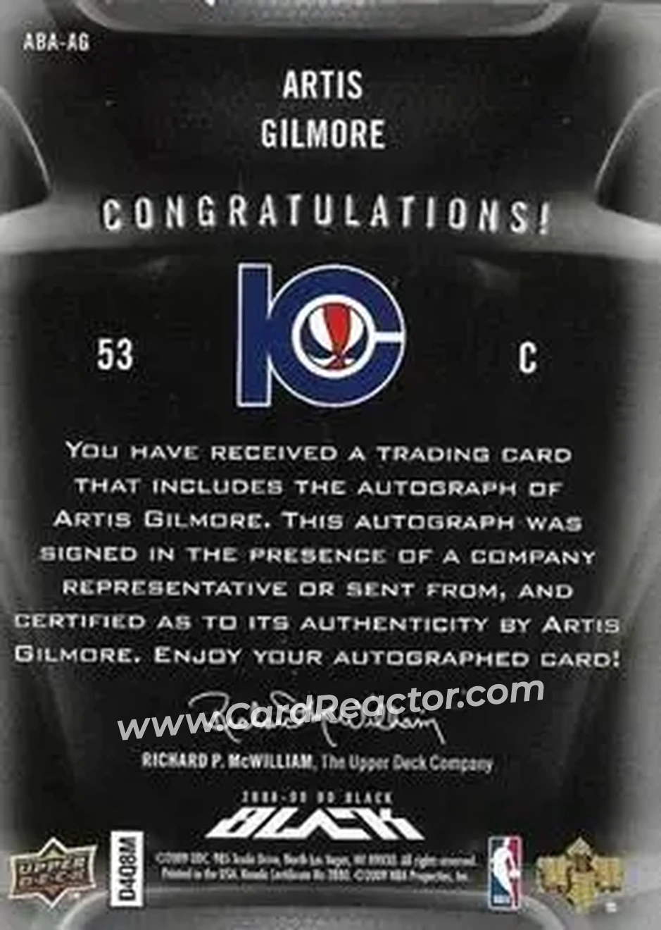 2008-09 UD Black - ABA Autographs #ABA-AG - Artis Gilmore - Kentucky Colonels - Back