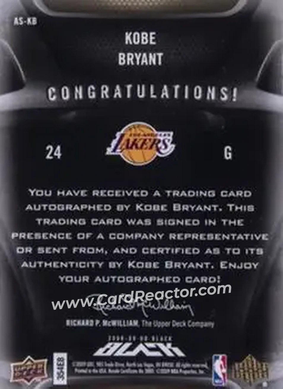 2008-09 UD Black - All-Star Autographs Gold #AS-KB - Kobe Bryant - Los Angeles Lakers - Back