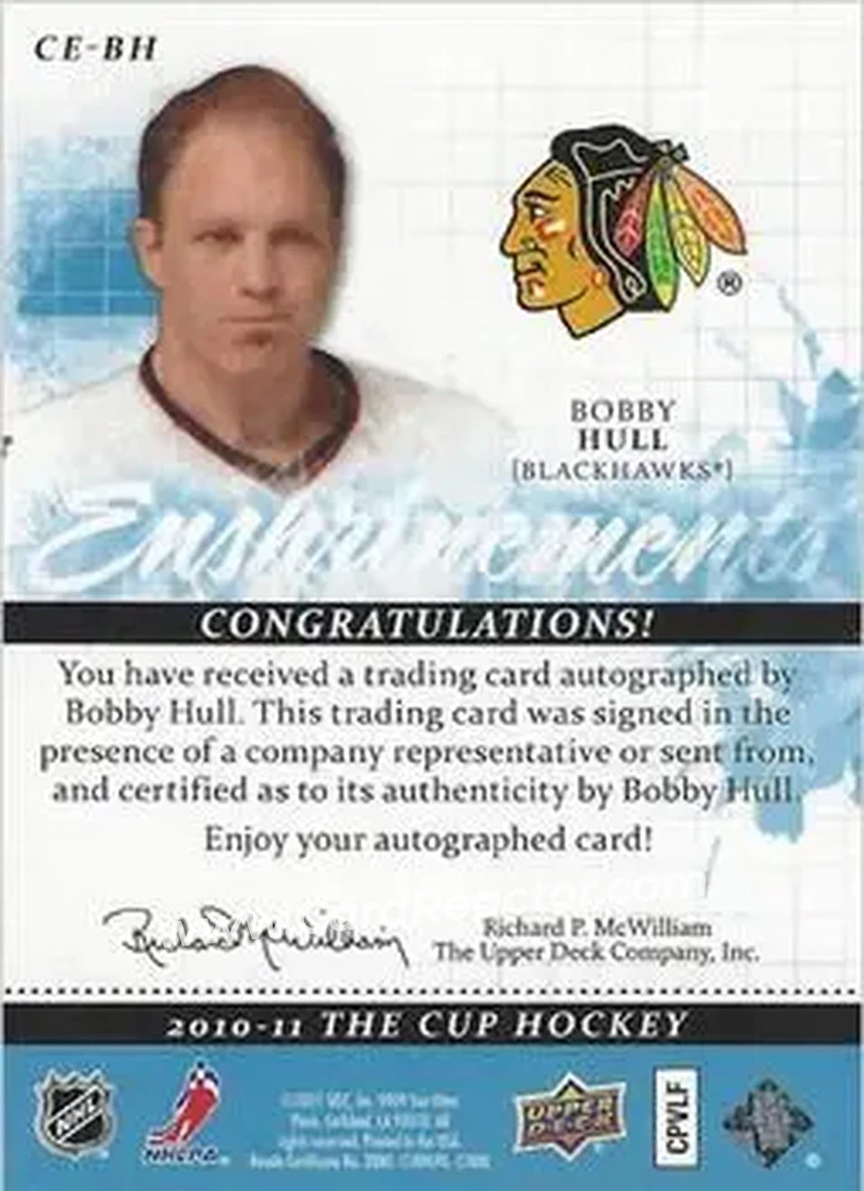 2010-11 Upper Deck The Cup - Enshrinements #CE-BH - Bobby Hull - Chicago Blackhawks - Back