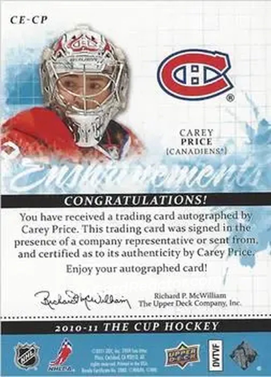 2010-11 Upper Deck The Cup - Enshrinements #CE-CP - Carey Price - Montreal Canadiens - Back 2010-11 Upper Deck The Cup - Enshrinements #CE-CP - Carey Price - Montreal Canadiens - Back