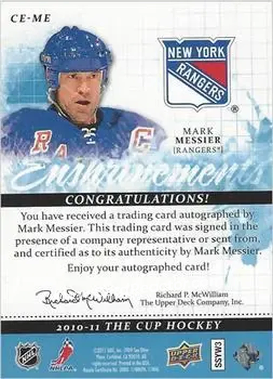 2010-11 Upper Deck The Cup - Enshrinements #CE-ME - Mark Messier - New York Rangers - Back