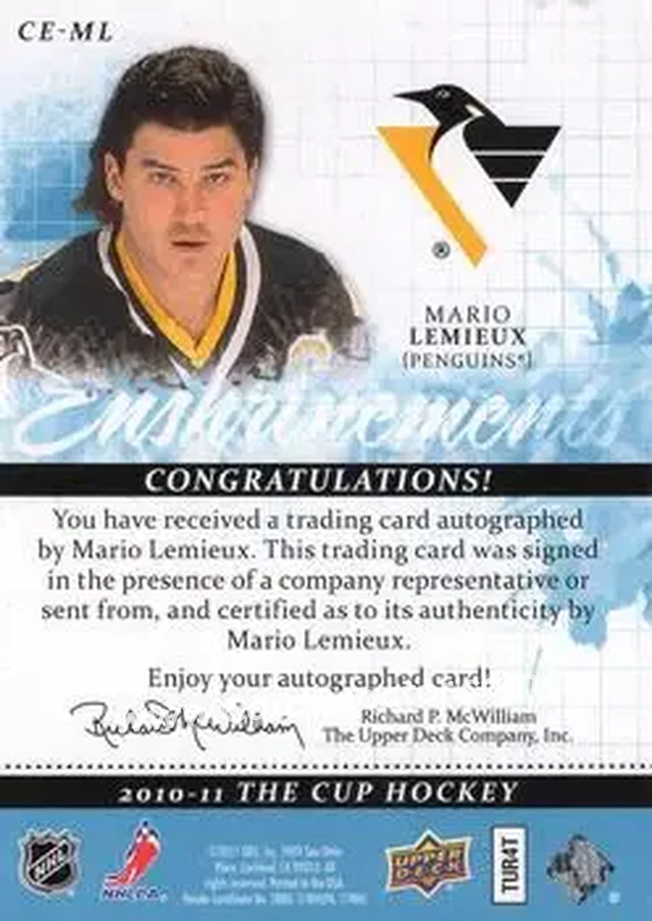 2010-11 Upper Deck The Cup - Enshrinements #CE-ML - Mario Lemieux - Pittsburgh Penguins - Back 2010-11 Upper Deck The Cup - Enshrinements #CE-ML - Mario Lemieux - Pittsburgh Penguins - Back