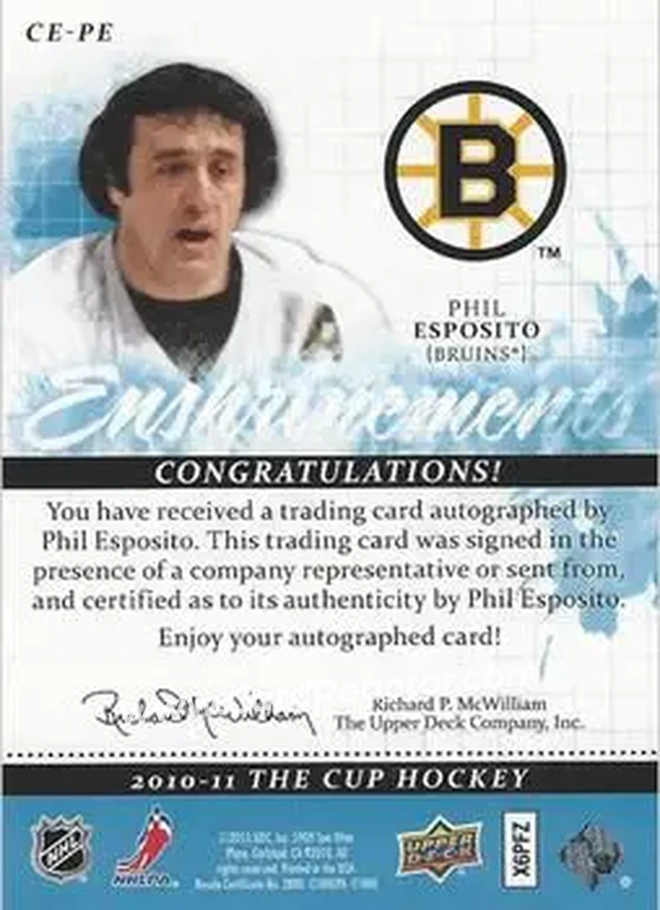 2010-11 Upper Deck The Cup - Enshrinements #CE-PE - Phil Esposito - Boston Bruins - Back 2010-11 Upper Deck The Cup - Enshrinements #CE-PE - Phil Esposito - Boston Bruins - Back