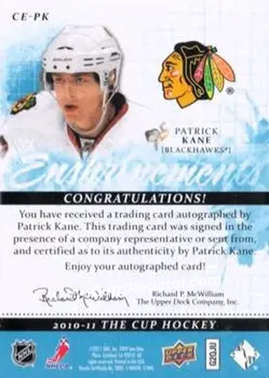 2010-11 Upper Deck The Cup - Enshrinements #CE-PK - Patrick Kane - Chicago Blackhawks - Back 2010-11 Upper Deck The Cup - Enshrinements #CE-PK - Patrick Kane - Chicago Blackhawks - Back