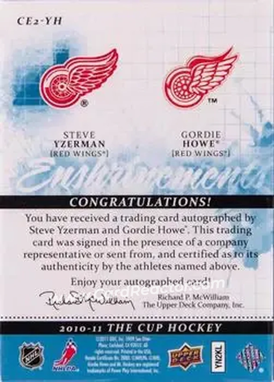 2010-11 Upper Deck The Cup - Enshrinements Dual #CE2-YH - Steve Yzerman - Gordie Howe AU, SN35 - Detroit Red Wings - Detroit Red Wings - Back