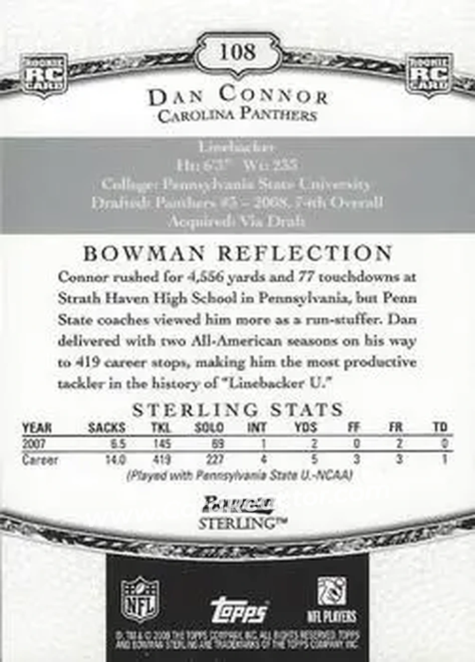 2008 Bowman Sterling #108 - Dan Connor - Carolina Panthers - Back